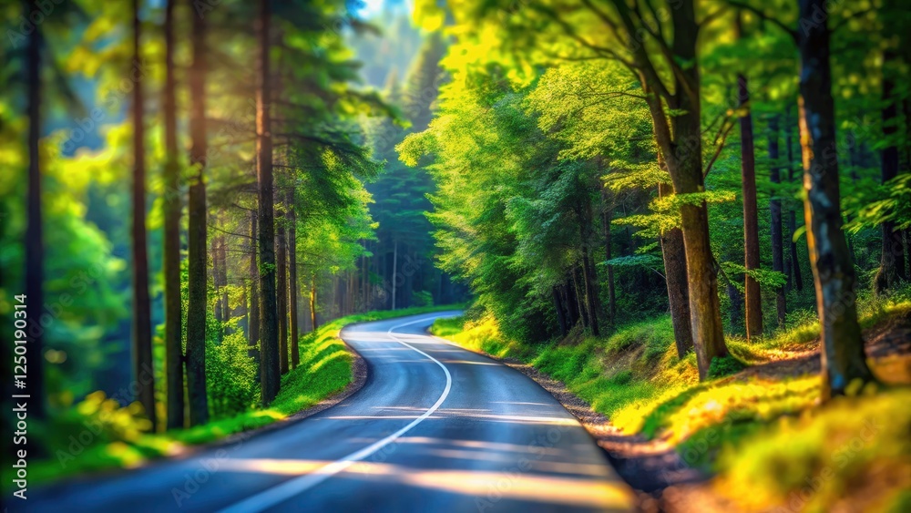 Obraz premium Tilt-Shift Photography of an Asphalt Road Through a Lush Forest in the Highlands, Capturing Serene Nature, Scenic Landscapes, and Vibrant Greenery
