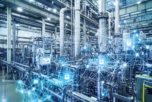 Industrial plant safeguarded by cybersecurity mesh for IoT integration.