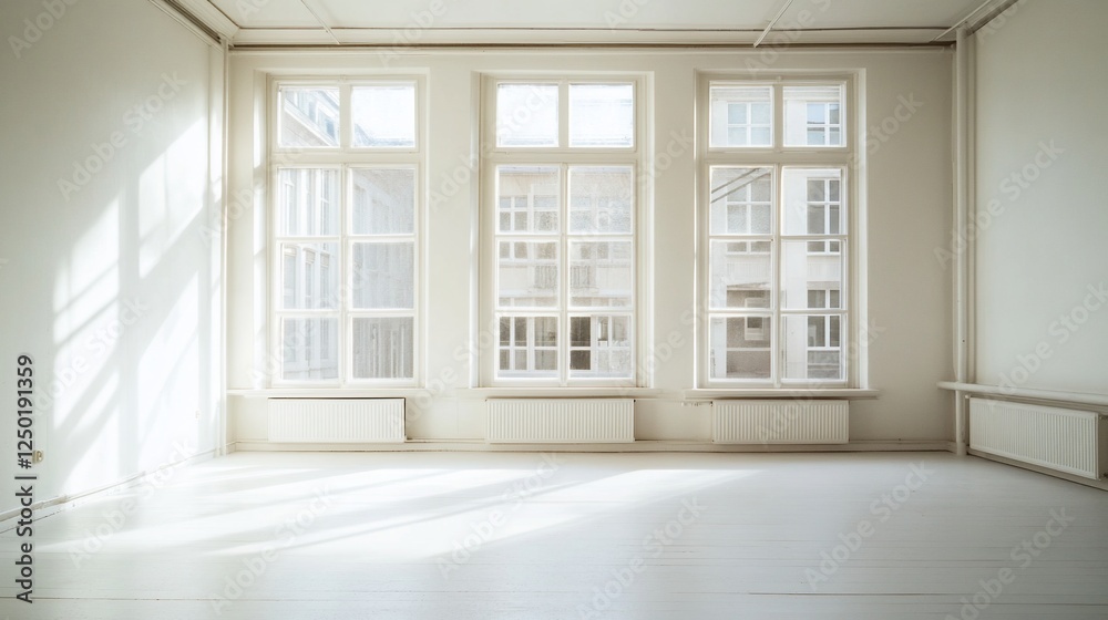 Bright, empty room with large windows and white walls. Bright, empty room with large windows and white walls.
