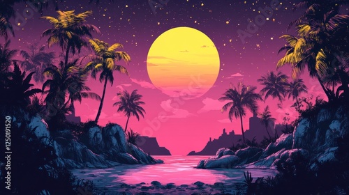 Retro Tropical Sunset with Palm Trees and Starry Sky Landscape