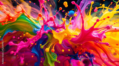 8K ultra HD desktop wallpaper background presenting dynamic colorful paint splash abstract art in vibrant hues, using long exposure time photography, surreal infrared tones, otherworldly appearanc