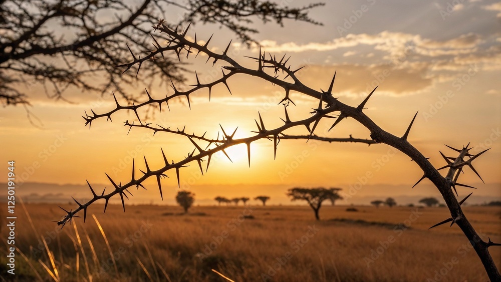 Thorny branch silhouetted against golden sunset with sharp thorns catching light in soft-focus open field background Thorny branch silhouetted against golden sunset with sharp thorns catching light in soft-focus open field background