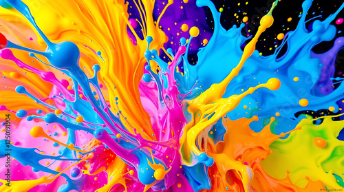 8K ultra HD desktop wallpaper background portraying dynamic colorful paint splash abstract art in vibrant hues, futuristic sci-fi style, adorable and cute charming features, advanced technology