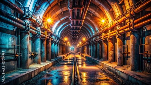 Glowing Tunnel Lights  Industrial Night Scene - Stock Photo