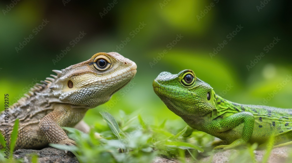 Fototapeta premium Colorful Lizard and Green Frog Portrait in Natural Habitat