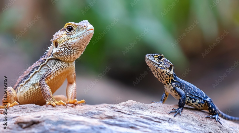 Colorful Lizards Sitting on Log in Natural Habitat