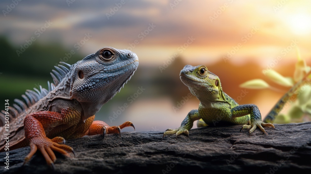 Colorful Lizards Resting on a Log by a Calm Water Body at Sunset Colorful Lizards Resting on a Log by a Calm Water Body at Sunset