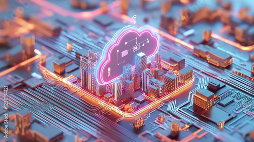 A vibrant digital cityscape with a glowing cloud symbol, representing cloud computing and urban technology integration.