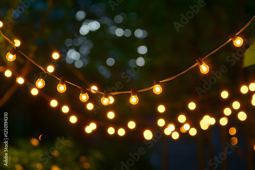 Outdoor string lights illuminate night garden party