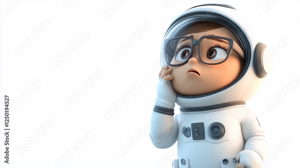 Pensive cartoon astronaut girl in white spacesuit, glasses, looking thoughtfully. Pensive cartoon astronaut girl in white spacesuit, glasses, looking thoughtfully.
