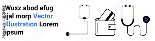 Medical tools including stethoscope and IV drip alongside wallet containing credit cards. Ideal for healthcare, finance, medical expenses, healthcare access, insurance, budgeting, and financial
