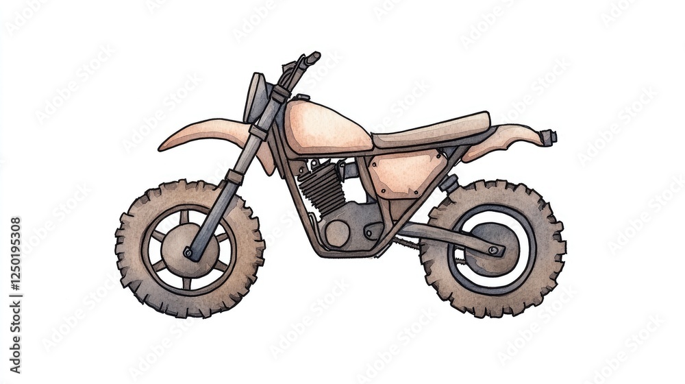 A detailed illustration of a dirt bike with rugged tires, showcasing its design and features A detailed illustration of a dirt bike with rugged tires, showcasing its design and features
