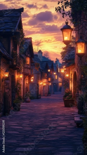 Glowing Lanterns Illuminate Dusk Streets in Old European Village Scene