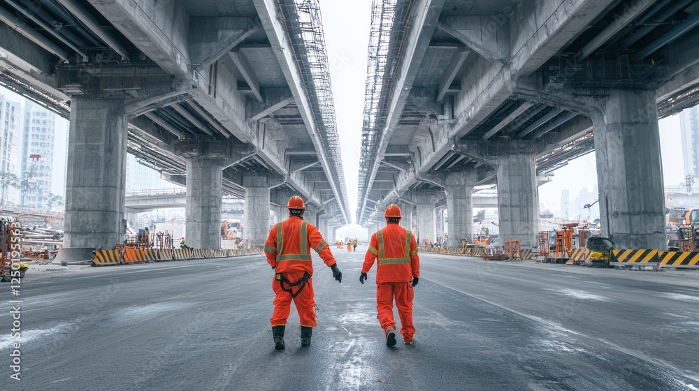 custom made wallpaper toronto digitalTwo construction workers in orange uniforms stand on a road beneath a modern overpass, surrounded by an industrial setting.