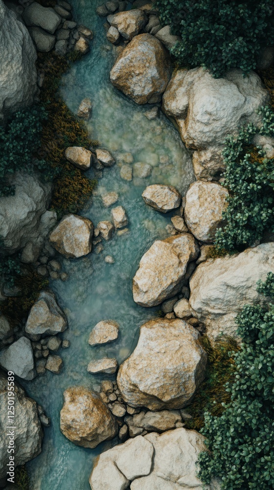 Top Down View of a Mountain Stream Flowing Between Rocky Outcrops Top Down View of a Mountain Stream Flowing Between Rocky Outcrops