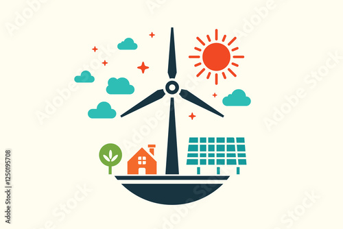 Vector illustration of a green and sustainable energy concept featuring wind turbines, solar panels, and a house. Ideal for eco-friendly projects and presentations.