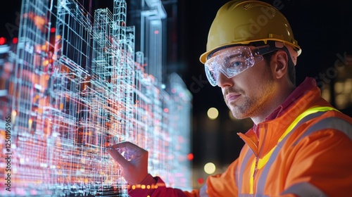 A construction worker in safety gear interacts with a digital blueprint, showcasing advanced technology in building design at night.