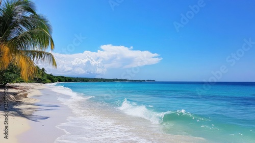 Idyllic tropical beach scene with turquoise water and clear blue skies
