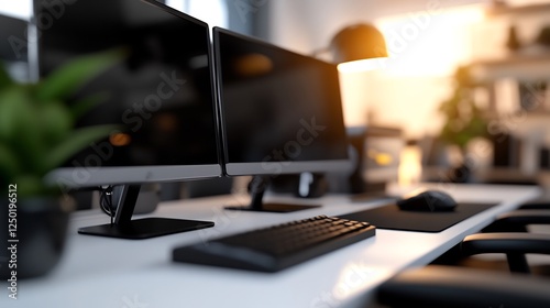 Modern Workplace Setup: Dual Monitors, Ergonomic Keyboard and Mouse