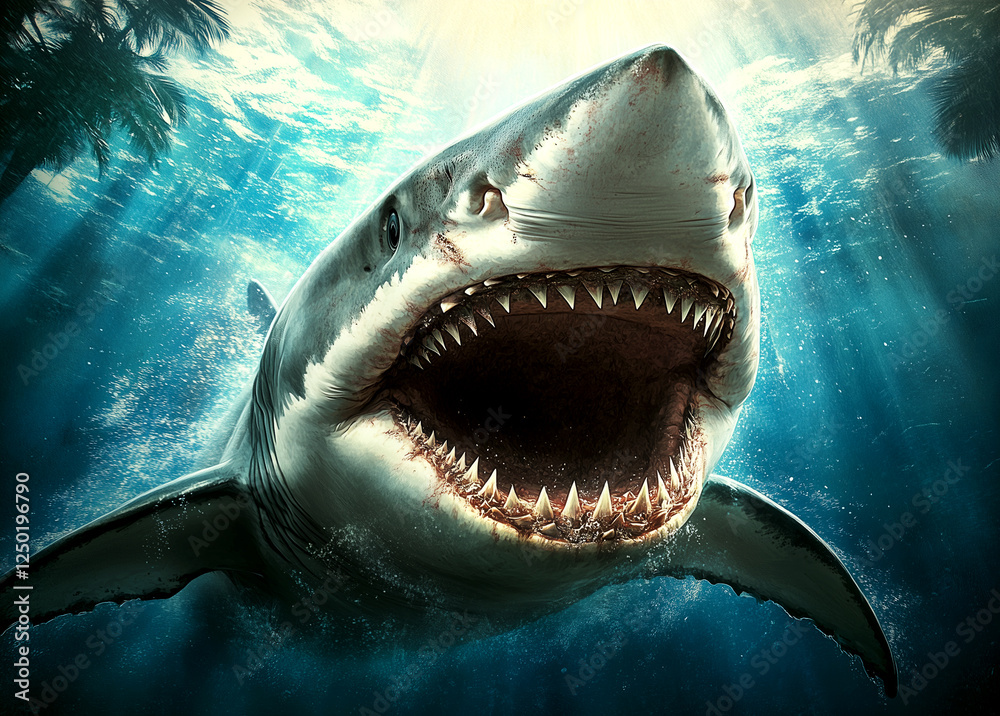 Obraz premium A shark is shown with its mouth wide open, surrounded by water. Concept of danger and power, as the shark's teeth are visible and its mouth is open wide
