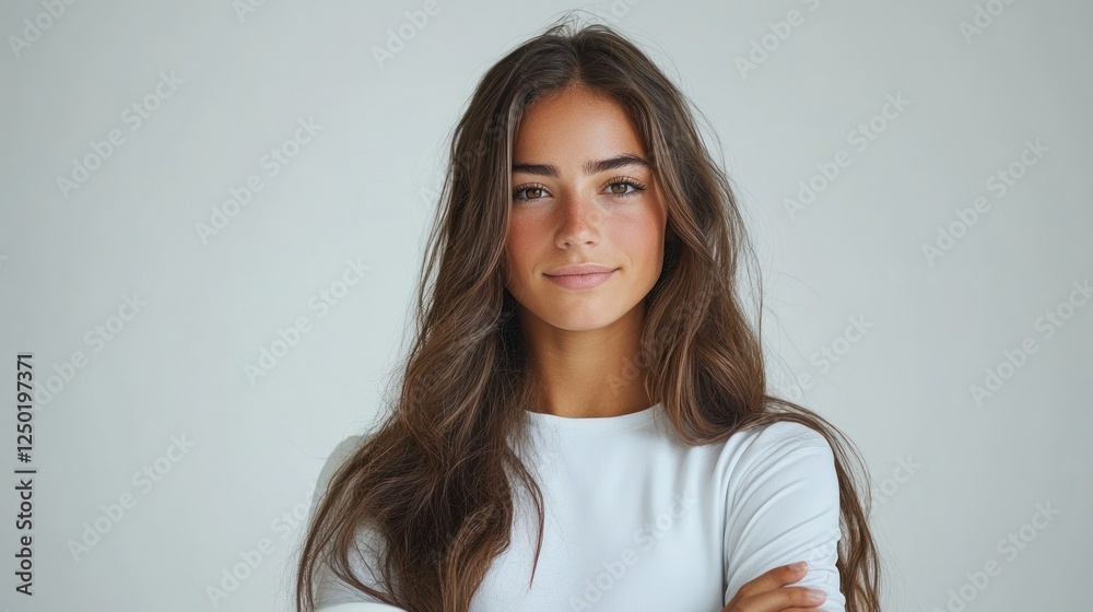 Confident woman portrait, studio, white background, arms crossed Confident woman portrait, studio, white background, arms crossed