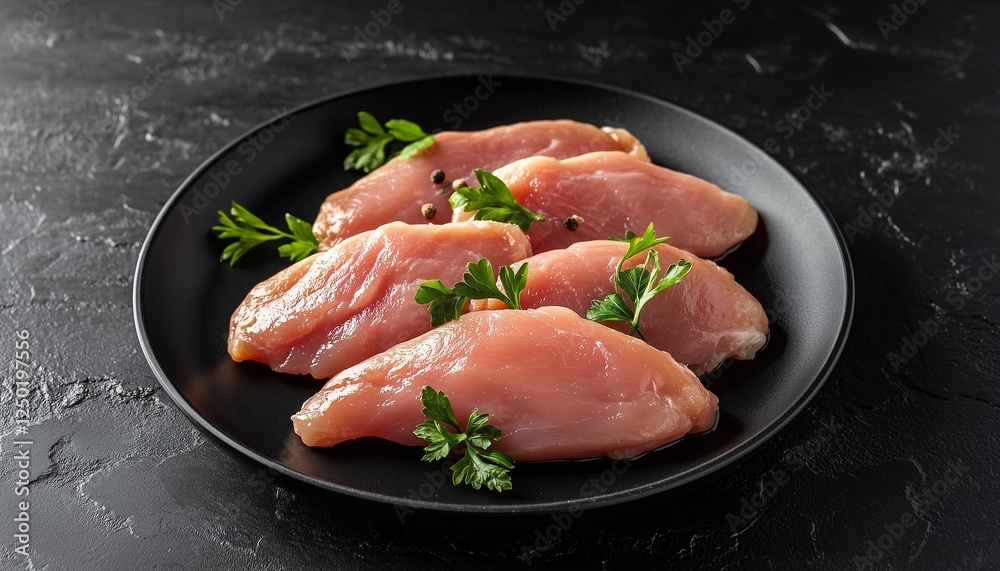 Fresh organic chicken steak slices un cook for make frying grill on black plate Fresh organic chicken steak slices un cook for make frying grill on black plate