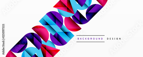 Abstract geometric background with layered gradient shapes forming dynamic patterns. Overlapping semi circles and triangles create depth and contrast