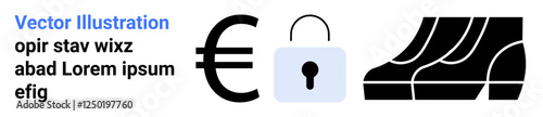 Euro currency icon, padlock, and footwear steps symbolizing secure transactions, financial safety, money movement, payment systems, digital security, economic growth, and flat landing page banner