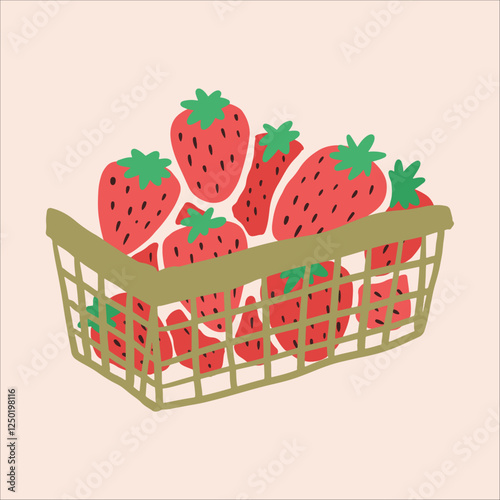 cute basket strawberry hand drawing illustration. flat design style. colorful and editable vector