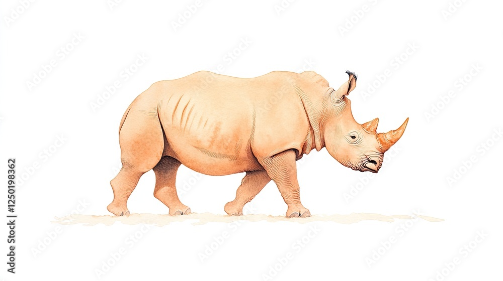 Fototapeta premium A realistic illustration of a walking rhinoceros showcasing its unique features in a minimalist style
