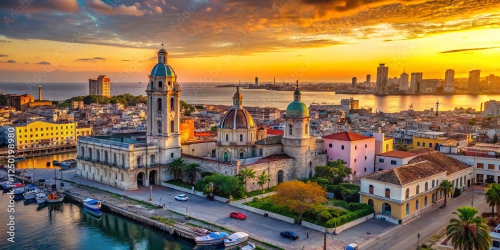 Fototapeta premium Havana Vieja Skyline: Harbor, Basilica, Orthodox Church & Sierra Maestra Terminal Drone View