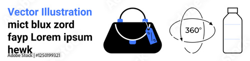 Designer handbag with tags, arrows indicating 360-degree view, and reusable water bottle outline. Ideal for fashion, packaging, e-commerce, branding, promotion, product preview flat landing page