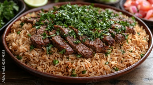 Grilled steak on rice, herbs, close-up, kitchen setting, food blog