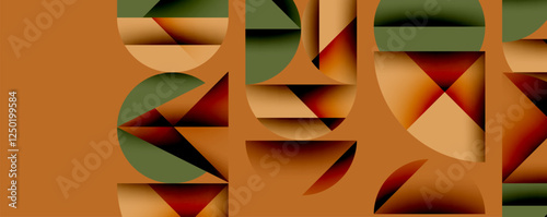 Abstract geometric background with layered gradient shapes forming dynamic patterns. Overlapping semi circles and triangles create depth and contrast