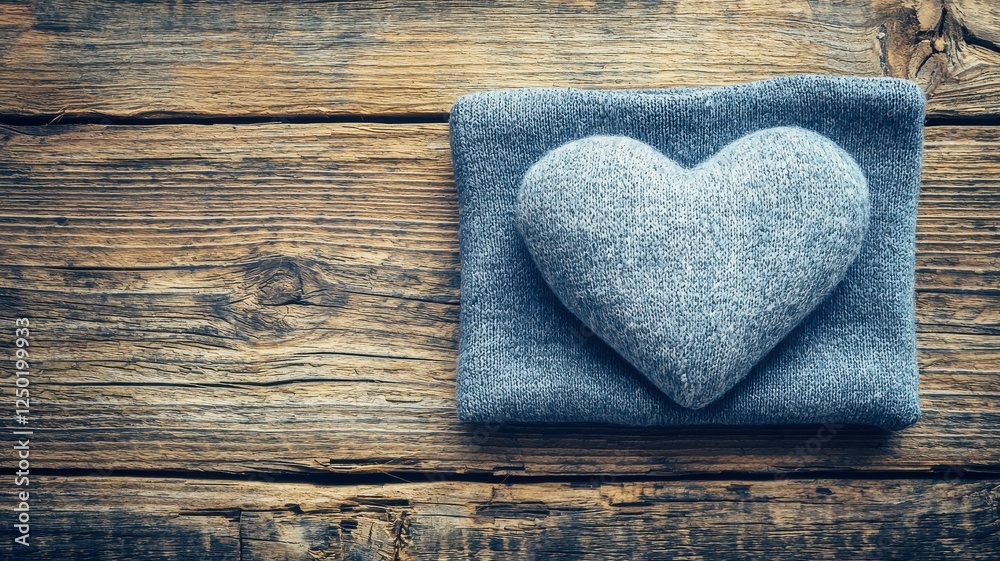 Fototapeta premium Soft Gray Heart Cushion on Knitted Fabric Surrounded by Wooden Planks