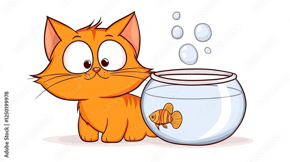 Cartoon illustration of a playful orange cat next to a goldfish bowl with bubbles, showcasing a whimsical scene
