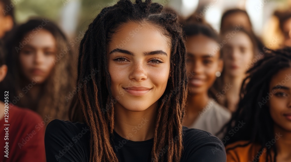 Obraz premium A confident young woman with dreadlocks smiles at the camera, surrounded by a diverse group of people in a warm, outdoor setting.