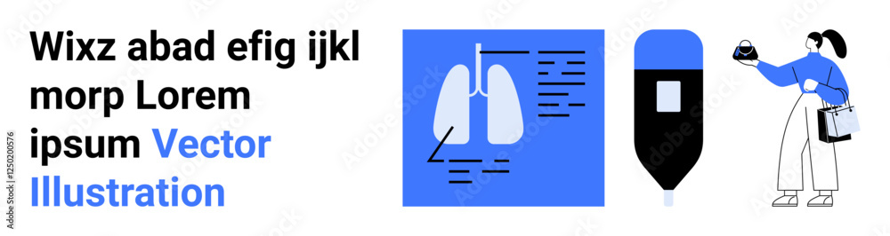 Lungs diagram for analysis, medical device displaying data, person conducting lab testing. Ideal for healthcare, diagnostics, research, technology, education, medicine flat landing page banner