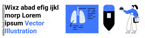 Lungs diagram for analysis, medical device displaying data, person conducting lab testing. Ideal for healthcare, diagnostics, research, technology, education, medicine flat landing page banner