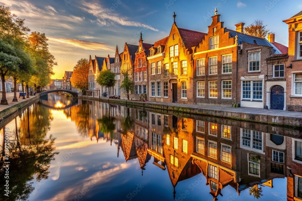 Historic Gouda Buildings Reflected in Canal Water, Netherlands