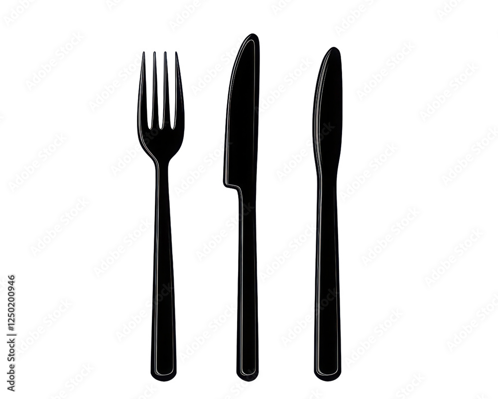 A stylish black fork, knife, and spoon set, perfect for modern dining aesthetics and culinary presentations. A stylish black fork, knife, and spoon set, perfect for modern dining aesthetics and culinary presentations.