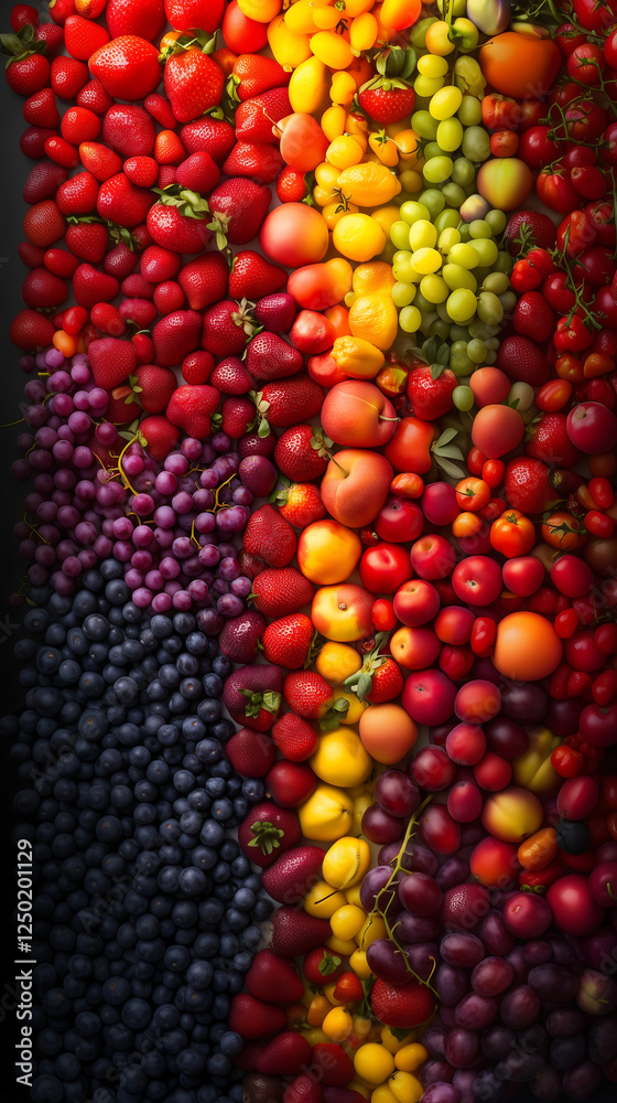 A vibrant array of fresh fruits arranged in a rainbow pattern A vibrant array of fresh fruits arranged in a rainbow pattern