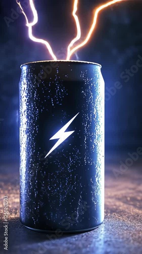 Can of energy drink with electric bolts in a dark setting illuminated by blue light