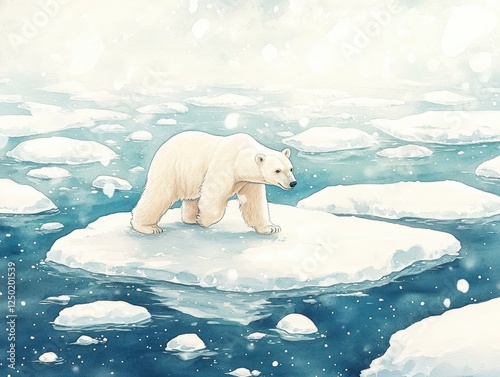 A polar bear walks on a drifting ice floe in a serene, snowy landscape, showcasing the beauty and fragility of Arctic ecosystems. photo