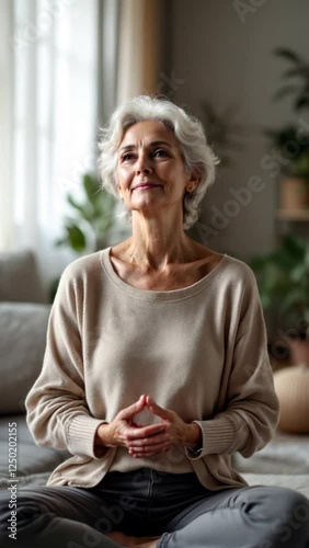 Senior woman meditates in a peaceful home setting, eyes closed, hands clasped in her lap, sitting cross-legged on a bed.