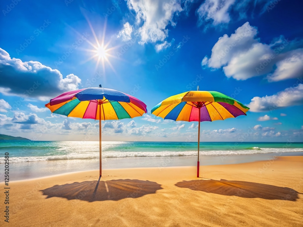Idyllic Beach Scene: Two Isolated Umbrellas on Sandy Shore Idyllic Beach Scene: Two Isolated Umbrellas on Sandy Shore