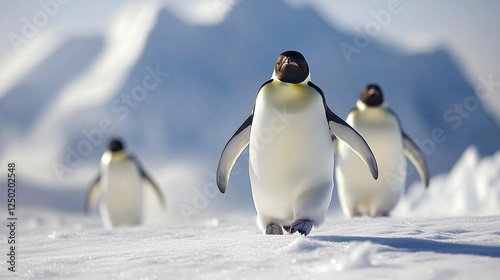 World Penguin Day, A group of Emperor penguins walking on pure white snow with majestic ice mountains in the background, Ai generated images