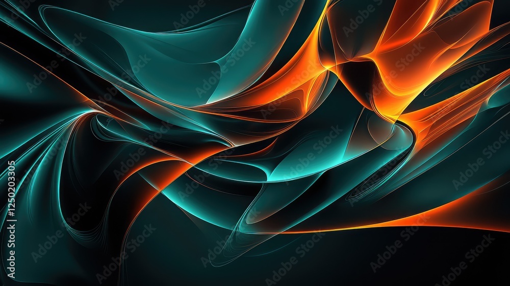 Obraz premium Flowing Abstract Waves of Light in Vibrant Orange and Teal Colors on a Dark Background, Creating a Dynamic and Modern Visual Experience for Backgrounds and Graphics.