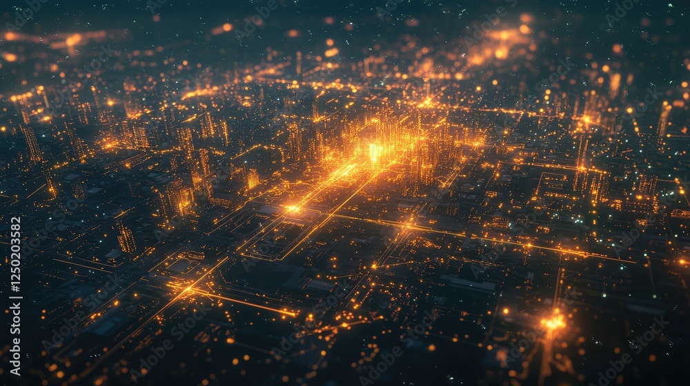 Fototapeta premium Aerial View of a Vibrant Night Cityscape with Illuminated Buildings and Streets Creating a Stunning Glow Over an Urban Environment in a Futuristic Perspective