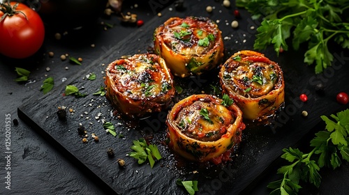 Juicy lasagna rolls garnished with herbs